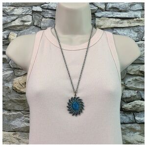 Vintage JJ Jonette Jewelry Squash Blossom Petit Point Turquoise Pendant Necklace